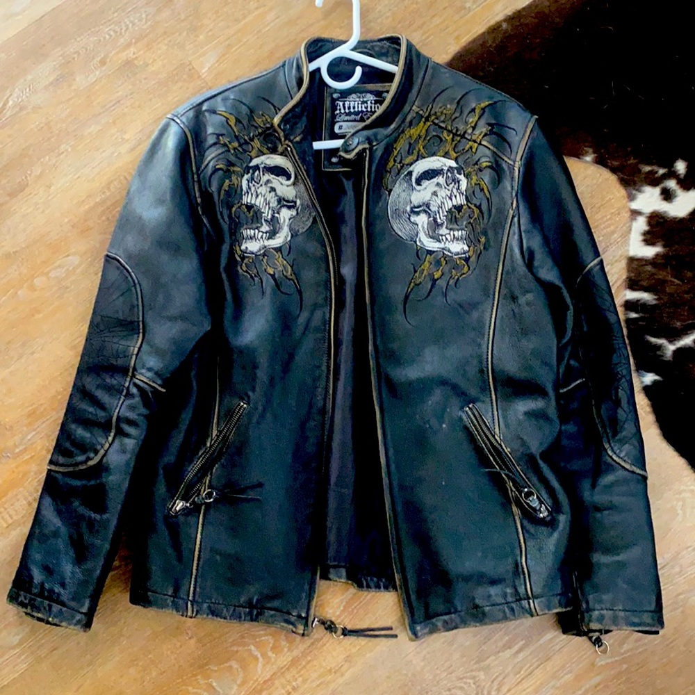 RARE AFFLICTION leather dual skulls jacket Sz Lg